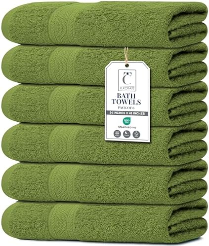 Medium Size Bath Towels Set of 6 – 100% Cotton Terry – 24" x 48" – Quick Dry, Soft & Highly Absorbent – Forest Green Towels for Bathroom, Gym, Spa, Pool & Daily Use