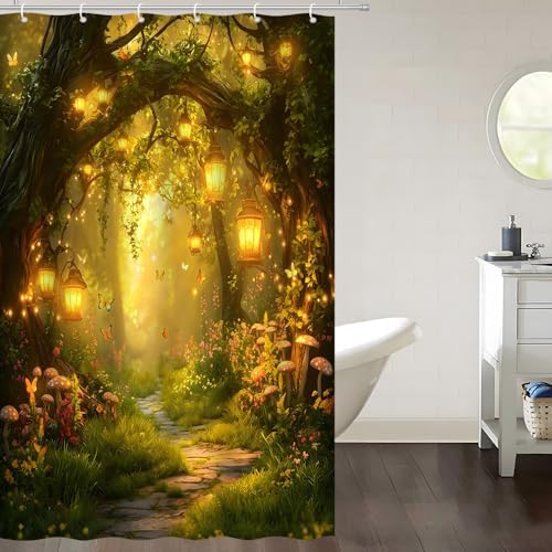 Fantasy Forest Path Shower Curtain Yellow Fairy Magical Enchanted Misty Jungle Mushroom Floral Tree Butterfly Lantern Wonderland Bath Curtain Fabric Bathroom Accessories Decor with Hooks 47W x70L
