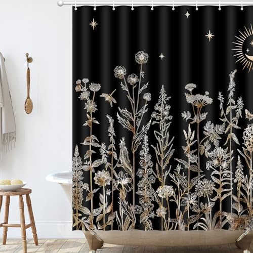 Shower Curtain Black Floral, Vintage Botanical Flowers Shower Curtain for Bathroom with Hooks, Polyester Waterproof shower curtain Machine Washable Farmhouse Home Decor Bath Curtain 72x72 Inch