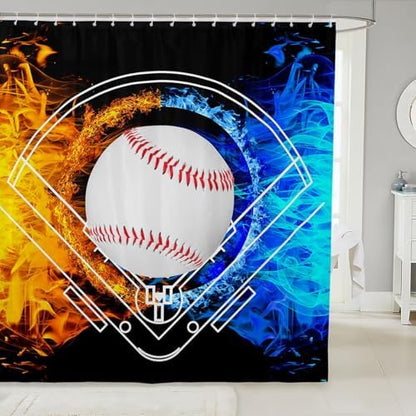 jejeloiu Baseball Bath Curtain Boys Girls 72"x84" Sports Game Shower Curtain for Kids Women Men Waterproof Ice Fire Bathroom Shower Curtain Set White Red Blue Kids Bathroom Accessories