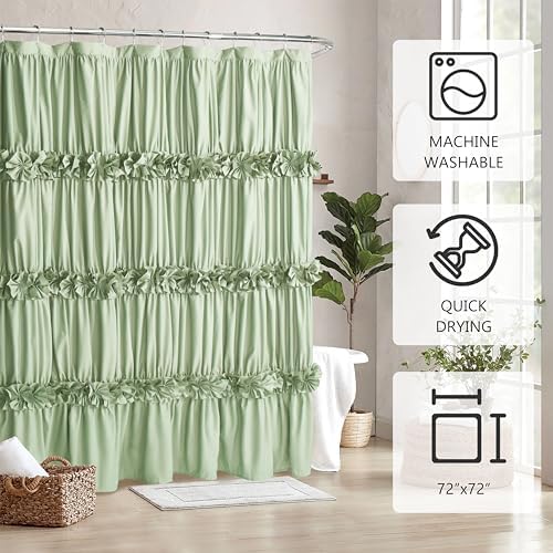 Homechoice Decor Sage Ruffle Shower Curtain, Handcrafted Bow Tie