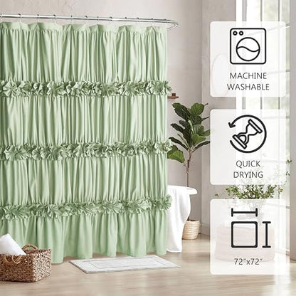 Homechoice Decor Sage Ruffle Shower Curtain, Handcrafted Bow Tie