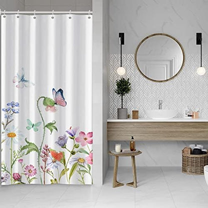 AWERT Small Half Size Stall Shower Curtain with 6 Hooks 36 inch Shower Stall Curtain 36 x 72 Butterfly Wildflowers for Bathroom/RV and Camper (Butterfly)