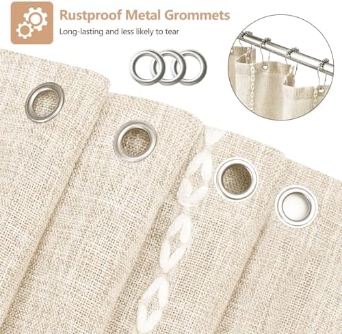 Seenus Boho Farmhouse Linen Shower Curtain with Tassels, Heavyweight Soft Fabric Shower Curtain Beige Water Repellent, 72 x 72 Inch Cream Elegant Bathroom Decor Shower Curtains Cotton Striped