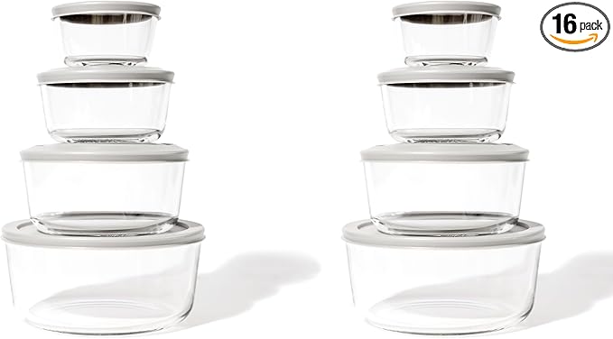16-Piece Glass Food Storage Containers Set (8 Containers + 8 Lids) | Round, Nesting, Microwave & Dishwasher Safe | BPA-Free, Space-Saving | Grey Lids for Pantry & Kitchen Organization, Grey