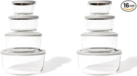 16-Piece Glass Food Storage Containers Set (8 Containers + 8 Lids) | Round, Nesting, Microwave & Dishwasher Safe | BPA-Free, Space-Saving | Grey Lids for Pantry & Kitchen Organization, Grey