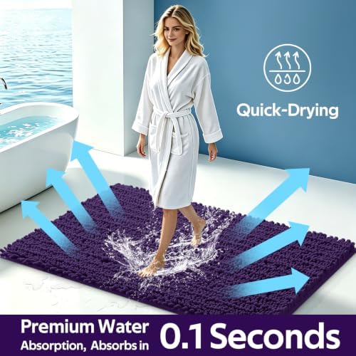 ACCUMTEK Upgrade Extra Large Dark Purple Bathroom Rug Set 3 Pieces Ultra Soft, Thick Absorbent Bath Mats, Non Slip Chenille Toilet Mat for Bathroom, Bedroom, Kitchen, Egglant