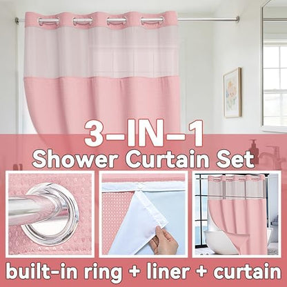 Conbo Mio Extra Long No Hook Waffle Weave Shower Curtain with Snap in Liner Set, Hotel Luxury Pink Shower Curtains for Bathroom with See Through Top Window, Waterproof, Washable 71W x 84H