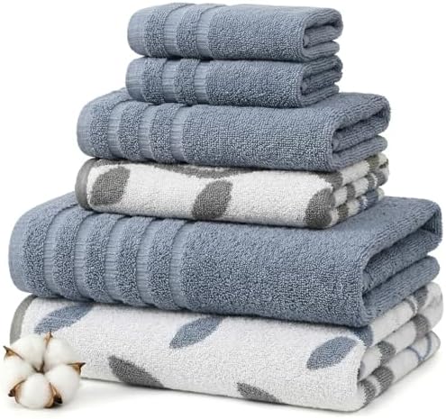 Modern Threads 6 Piece Bath Towel Set – Bathroom Set with 2 Bath Towels, 2 Hand Towels, and 2 Wash Cloths – 100% Cotton, Super Absorbent & Extra Soft – Reversible Natural Vine (Blue)