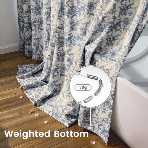Farmhouse Blue Floral Shower Curtain with 12 Clear Rings 72"W x 72"L