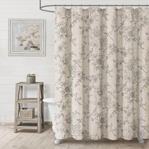 Farmhouse Floral Vintage Shower Curtain for Bathroom, Grey and Tan Taupe