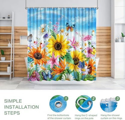 Shower Curtain Sunflowers Waterproof for Bathroom with Hooks 72x72