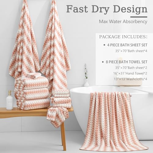 8 Piece Bathroom Towel Set |2 Oversized Bath Towels,2 Hand Towels,4 Washcloths| 600GSM Soft Hotel Towel Set Extra Large Bath Sheet for Bathroom,Highly Absorbent Quick Dry Bath Towel Collections,Peach
