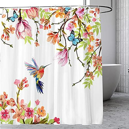 Watercolor Shower Curtain Hummingbird Floral for Bathroom 72 x 72