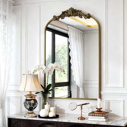 Dewfig Vintage Arched Wall Mirror, 36"x24" Antique Bronze Bathroom Mirror