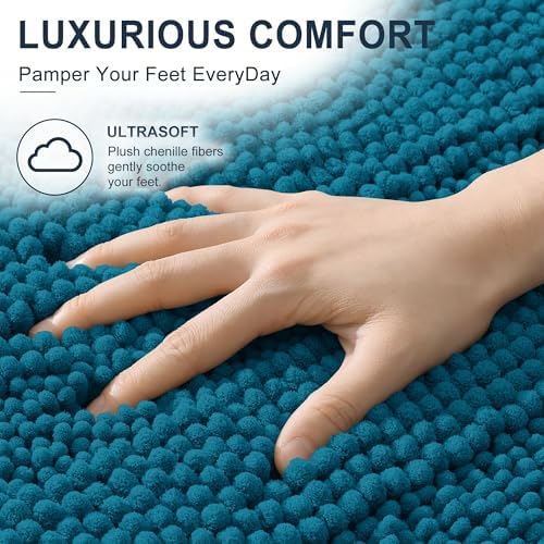 Smiry Thick Chenille Bathroom Runner Rugs 44x24, Bath Mat, Peacock Blue