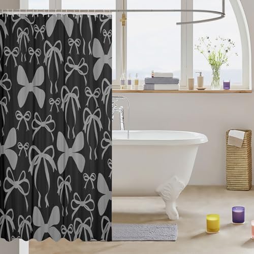 jejeloiu Cute Bowknot Shower Curtain for Bathroom Decor 72"x84" Black Gray Girls Bow Bath Curtain Kawaii Bathroom Accessories Waterproof Polyester Fabric for Stalls Bathtubs Princess Decor
