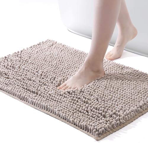 FRESHMINT Chenille Bath Rugs Extra Soft and Absorbent Microfiber Shag Rug, Non-Slip Runner Carpet for Tub Bathroom Shower Mat, Machine-Washable Durable Thick Area Rugs (Taupe + White, 24" x 17")