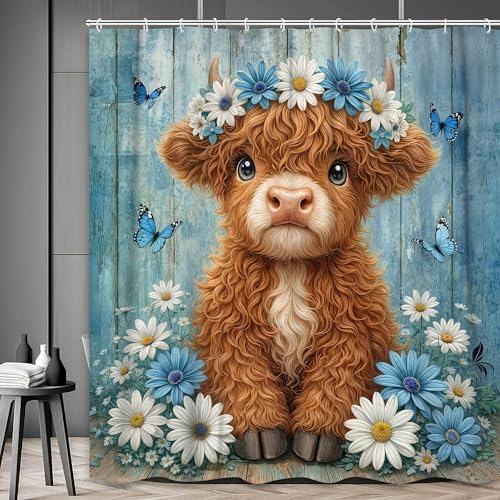 Cute Cow Shower Curtain, Farmhouse Rustic Blue Floral Daisy Highland Cow Shower Curtains for Bathroom, Calf Country Farm Animal Garden Plant Fabric Bathroom Decor with Hooks, 60x72 inch