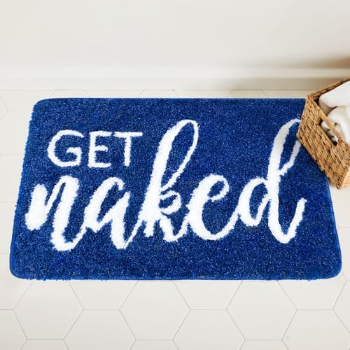 Get Naked Bath Mat Blue - Funny Bathroom Rugs Non Slip Cute Carpet for Bathroom Floor Decor Water Absorbent Bath Rugs for Sink Bathtub and Shower Navy and White Bathmat 20" x 32"