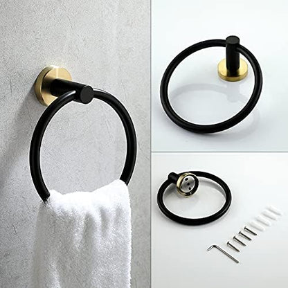 4 Piece Stainless Steel Matte Black and Brushed Gold Bathroom Hardware Set Include Hand Towel Ring Holder, Toilet Paper Holder,and 2 Robe Towel Hooks,Bathroom Accessories Kit