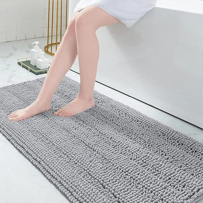 Grandaily Chenille Striped Bathroom Rugs 70x24, Extra Thick and Absorbent Bath Mats, Non-Slip Soft Plush Shaggy Shower Carpet, Machine Wash Dry, Bath Rug for Bathroom, Light Grey