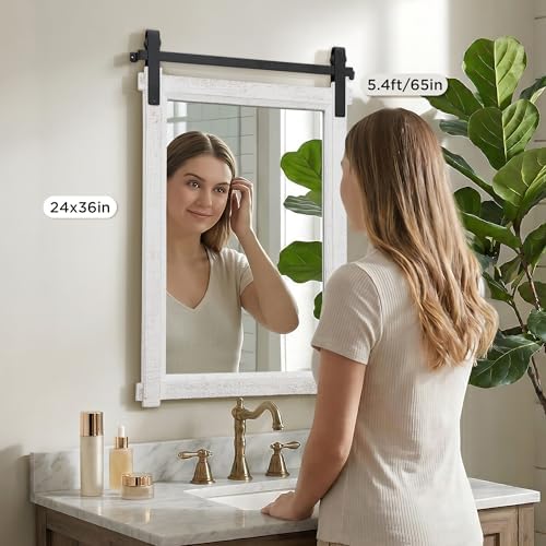 Besdomus Farmhouse Bathroom Vanity Mirror: 24"x36" White Rustic Barn Door