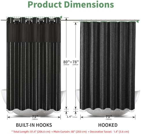 eachope Long No Hook Shower Curtain with Snap-in Fabric Liner,71x80,Black