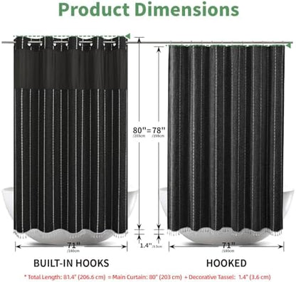 eachope Long No Hook Shower Curtain with Snap-in Fabric Liner,71x80,Black