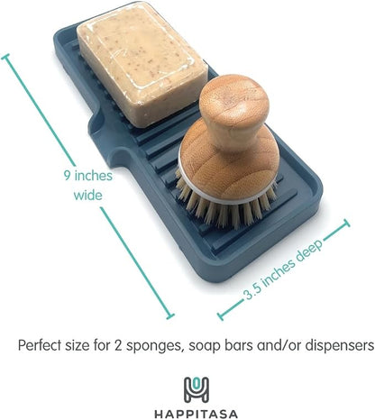 Silicone Soap Dish Tray and Sponge Holder with Drain Chute, Rectangular, Kitchen and Bathroom Sink Organizer (Smoky Blue, 9"x3.5")