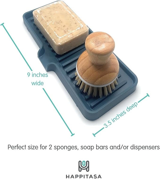 Silicone Soap Dish Tray and Sponge Holder with Drain Chute, Rectangular, Kitchen and Bathroom Sink Organizer (Smoky Blue, 9"x3.5")