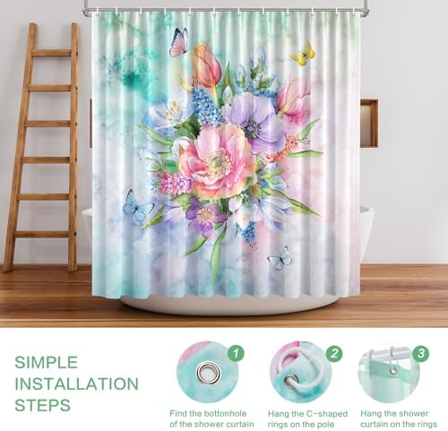 Floral Shower Curtain, Watercolor Flowers Shower Curtain Summer Blooming Flowers Painting Shower Curtain Sets Waterproof Polyester Fabric Machine Washable Home Farmhouse Decor Bath Curtain