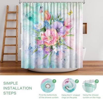Floral Shower Curtain, Watercolor Flowers Shower Curtain Summer Blooming Flowers Painting Shower Curtain Sets Waterproof Polyester Fabric Machine Washable Home Farmhouse Decor Bath Curtain