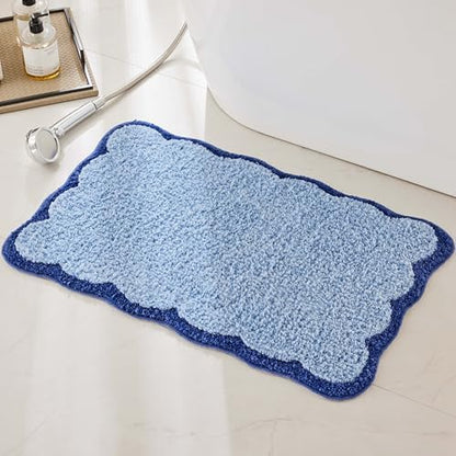 Ohocut Luxury Microfiber Bathroom Rugs, Navy Scalloped Piping Blue Bath Rug Cute Aesthetic Coastal Nautical Bath Mat for Bathroom, Tub, Floor, Sink, Shower, Anti Slip, Absorbent, 32x20