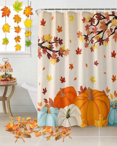Shower Curtain Bathroom Set Fall Thanksgiving Pumpkin Maple Leaf Waterproof Shower Curtains with Grommets Hooks Orange Gradient Privacy Bath Curtain for Bathtub Decor 48x72in