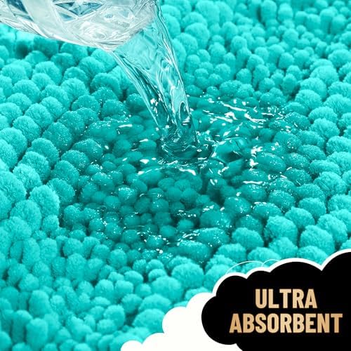 OLANLY Thick Bathroom Rugs 36x24, Soft Chenille Striped Bath Rugs, Teal
