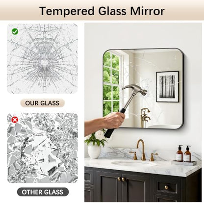 FORBATH Bathroom Mirror 30" x 30", Large Square Wall Mirror with Black Aluminum Frame Rounded Corner, Wall Mounted Mirror for Bathroom Bedroom Entryway Living Room