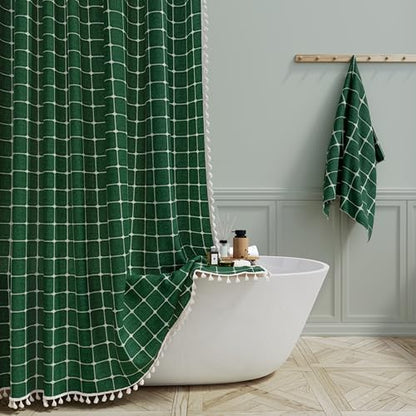 BTTN Long Boho Farmhouse Linen Fabric Shower Curtain, 72x84, Emerald Green