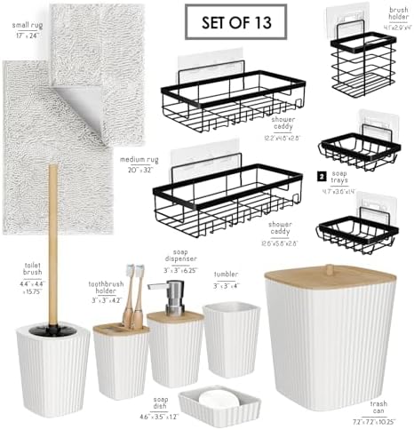 Clara Clark Bathroom Set - White Bathroom Accessories Set, 6PC Bathroom Accessory Set, Bathroom Sets with Bathroom Rugs, Adhesive Corner Shower Caddy Hanging, Toilet Brush, Trash Can & Soap Dispenser