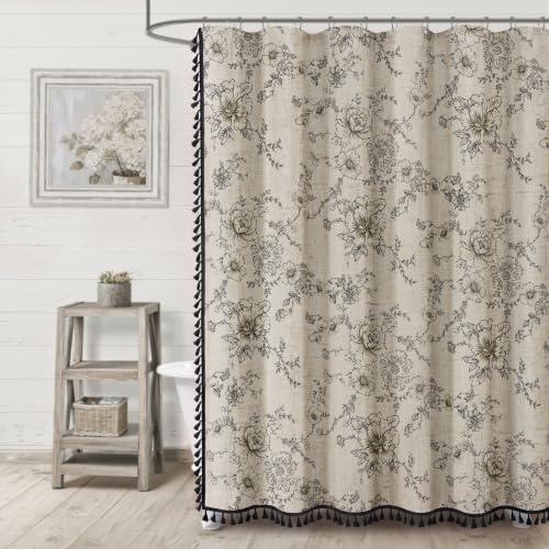 Farmhouse Floral Vintage Shower Curtain for Bathroom, Black and Tassels