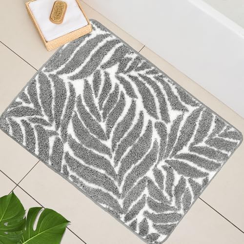 Gray Bathroom Rug - Grey Bath Mat Small Tropical Leaf Bath Rugs Non Slip Washable Bathrug for Bathroom Floor, Cute Bathmat Restroom Rug, Plant Absorbent Bath Mats Botanical Home Decor 16" x 24"