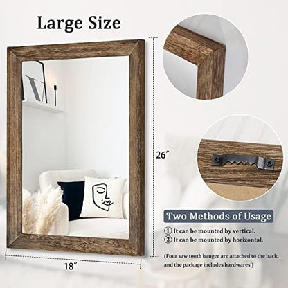 AAZZKANG Rustic Wood Mirror Rectangle Decorative Wall Mirrors with Frame Large 26"x18"for Bedroom Living Room Bathroom Entryway Hanging Brown