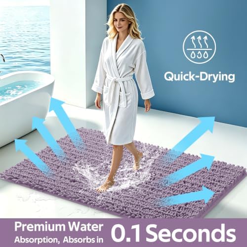 ACCUMTEK Upgrade Luxury 2 Piece Lavender Toilet Bathroom Rug Mat 32"x20"+24"x17", Ultra Soft Thick Absorbent Bath Mats, Non Slip Chenille Toilet Mat for Bathroom, Bedroom, Kitchen, Shower, Tub