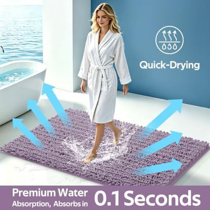 ACCUMTEK Upgrade Luxury 2 Piece Lavender Toilet Bathroom Rug Mat 48"x20"+24"x17", Ultra Soft Thick Absorbent Bath Mats, Non Slip Chenille Toilet Mat for Bathroom, Bedroom, Kitchen, Shower, Tub