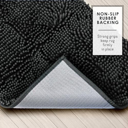 Hearth & Harbor Bathroom Rugs, Chenille Bath Mat - Machine Washable Bath Mats for Bathroom Non-Slip Backing Rubber, Quick Dry Mat - Black Bath Rug, 17x24-20x32-20x24