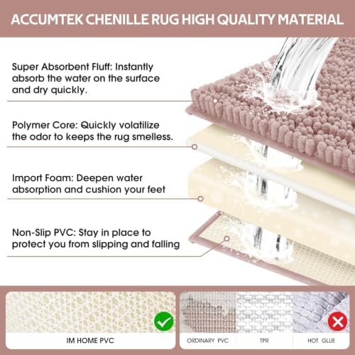 ACCUMTEK Upgrade Extra Large Dusty Pink Bathroom Rug Set 3 Pieces Ultra Soft, Thick Absorbent Bath Mats, Non Slip Chenille Toilet Mat for Bathroom, Bedroom, Kitchen