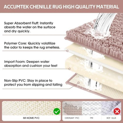 ACCUMTEK Upgrade Extra Large Dusty Pink Bathroom Rug Set 3 Pieces Ultra Soft, Thick Absorbent Bath Mats, Non Slip Chenille Toilet Mat for Bathroom, Bedroom, Kitchen