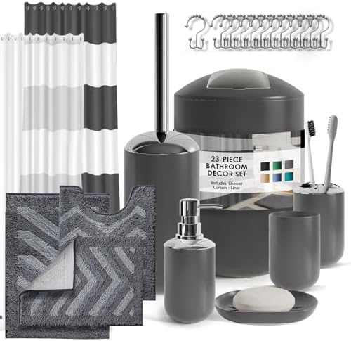Clara Clark Bathroom Accessories Set - 23PC Shower Curtain Set with Bathroom Trash Can, Grey Bathroom Set, Bathroom Sets with Shower Curtain and Grey Rugs