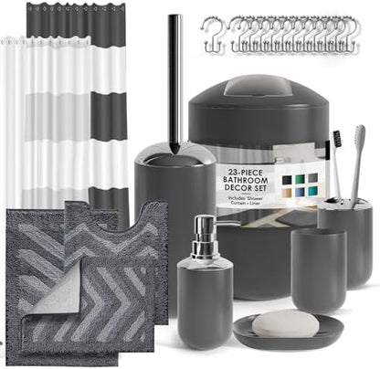 Clara Clark Bathroom Accessories Set - 23PC Shower Curtain Set with Bathroom Trash Can, Grey Bathroom Set, Bathroom Sets with Shower Curtain and Grey Rugs