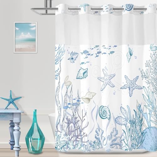 Extra Long No Hook Shower Curtain and Liner Set, Blue Beach Coastal 71x84